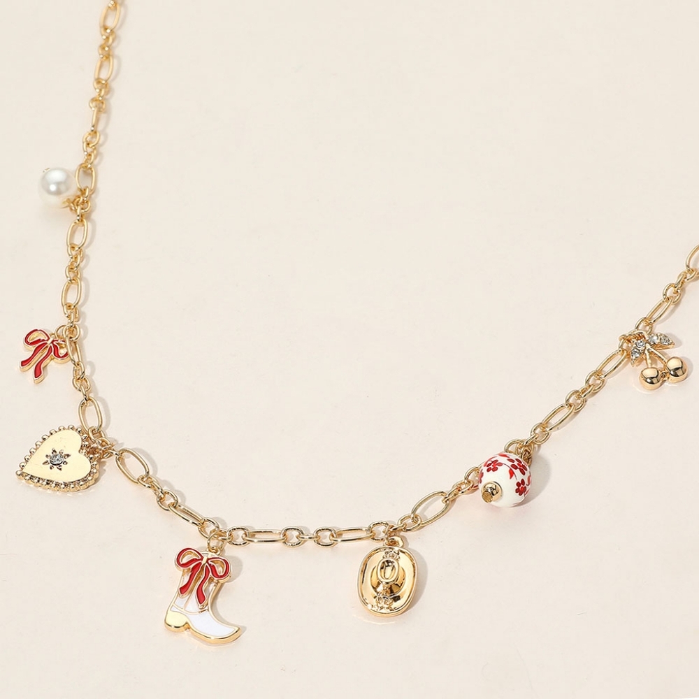 Red Gold Link Station Ceramic Beaded Cowboy Boot Charm Pendant Necklace Chain